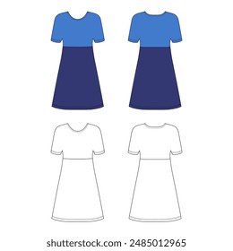 Fashionable front, back casual view template dress or nightgown, colored vector illustration isolated on white background