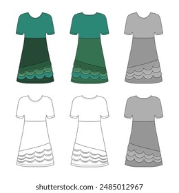 Fashionable front, back casual view template dress or nightgown, colored vector illustration isolated on white background