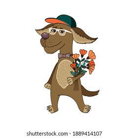 Fashionable funny dog in glasses tie and cap holding bunch of flowers cartoon vector illustration