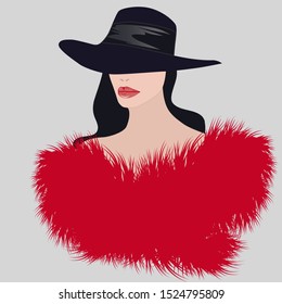 Fashionable Fur. Beautiful Red Fur Collar With A Long Pile On A Lady In An Elegant Hat - Vector. Salon Of Fur Clothes. Winter Outfit.