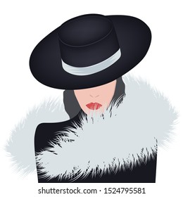 Fashionable fur. Lady in an elegant hat and a fur collar - isolated on a light background - vector. Salon of fur clothes. Winter outfit.