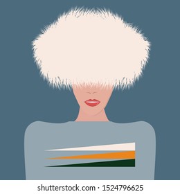 Fashionable fur. Woman in winter fur hat with white long pile. - vector. Salon of fur clothes. Winter outfit.