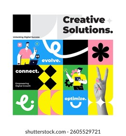 Fashionable geometric collage business concept. Concept of idea, financial profit, Digital marketing. Trendy modern retro illustration in bright trendy colors. Business concept, financial planning