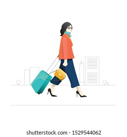 Fashionable girl with baggade going to travel, city background