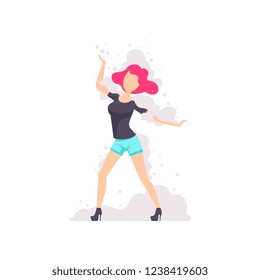 Fashionable girl dancing at foam party, young woman having fun at nightclub vector Illustration on a white background