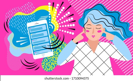 Fashionable girl does not want to hear the phone, where there are a lot of messages from the messenger. Bright banner for social networks and weblogs