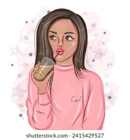 Fashionable girl drinking a cocktail from a tube in a pink sweatshirt vector illustration