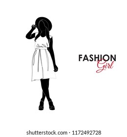 Fashionable girl. Fashion. Silhouette of a girl. Girl in a dress and a straw hat