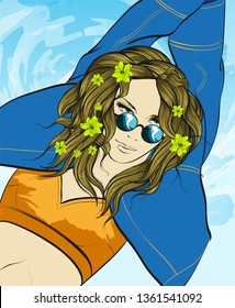 Fashionable girl with flowers in her hair against the sky. Summer illustration.