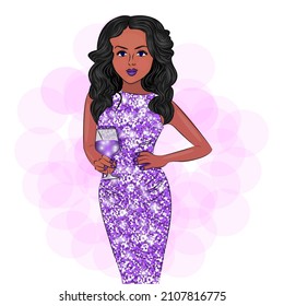 Fashionable girl with a glass of champagne and in a cocktail dress with sequins, with luxurious black hair, stylish trendy, fashion illustration, print on textiles on a t-shirt on packaging Vector