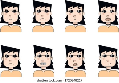 Fashionable girl with glasses with different emotions, joy, discontent, surprise, happiness, sadness, anger, fear, treachery. For an avatar, website, or postcard.
