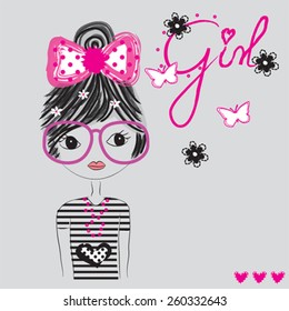 fashionable girl with glasses, T-shirt design vector illustration