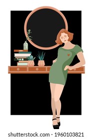 Fashionable girl in a green dress, stands in a beautiful pose. A stack of books, a glass bottle with a twig. Flower pots with home plants. Large, round mirror. Vector illustration. Postcard, poster.