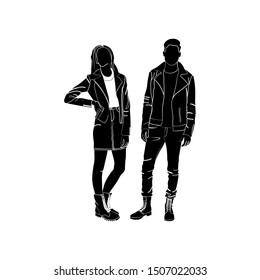 Fashionable girl and guy vector. Fashion. Man and woman silhouette vector. Fashionable young couple. Girl in a denim skirt and denim jacket. Guy in jeans, turtles and leather scythe