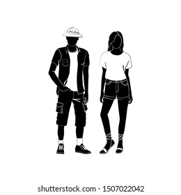 Fashionable girl and guy vector. Fashion. Man and woman silhouette vector. Fashionable young couple. Girl in shorts and T-shirt. Guy in a T-shirt, shirt, cork cap and shorts with pockets