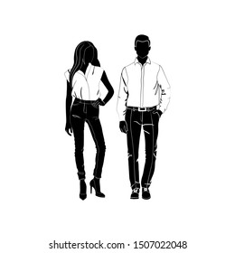 Fashionable girl and guy vector. Fashion. Boy and girl silhouette vector. Girl in jeans and a blouse. Guy in a business suit. Fashionable young couple