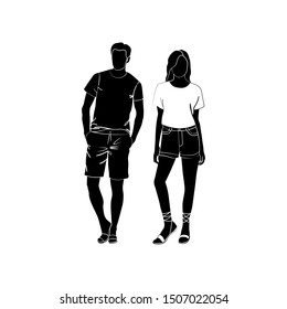 Fashionable girl and guy vector. Fashion. Man and woman silhouette vector. Fashionable young couple. Girl in shorts and T-shirt. Guy in bermudas and a T-shirt