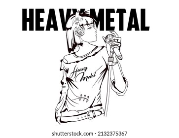 A fashionable girl, a heavy metal singer, sings into a microphone. informal singer. Vector sketch on a white background.