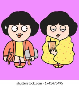 Fashionable Girl With Her Pajamas And Sleepware Looks During Quarantine Period Concept Card Character illustration