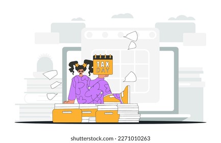 Fashionable girl holds a calendar in her hand. TAX day. An illustration demonstrating the importance of paying taxes for economic development.