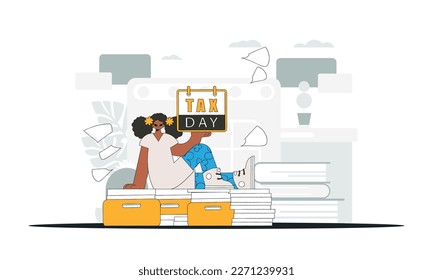 Fashionable girl holds a calendar in her hand. TAX day. Graphic illustration on the theme of tax payments.