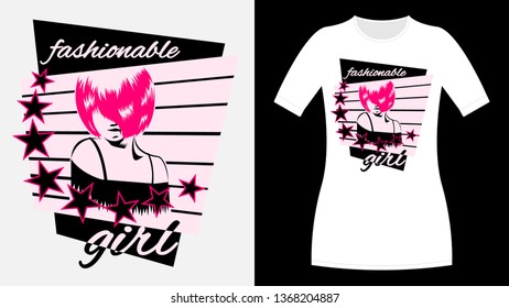 Fashionable Girl inscription print T-Shirt. The Face with the pink bangs covering the eye. Stars in a circle. Women with pink hairstyle quads. Vector illustration