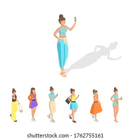 Fashionable girl isometric set. Beautiful girl in different clothes. Summer fashion. People isometric. Set of vector illustrations isolated on a white background.