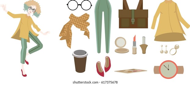Fashionable girl, a large set of clothes and accessories