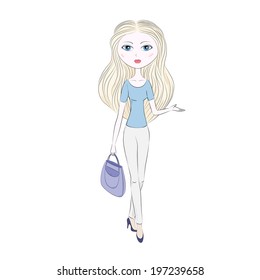 Fashionable girl in light pants and blue shirt with a big bag