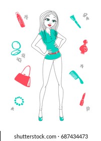 Fashionable girl, objects, cosmetics, bag, hairbrush, decorations.