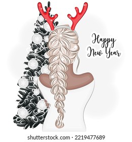 Fashionable girl on Christmas Eve with pigtail and reindeer antlers, fashionable vector illustration