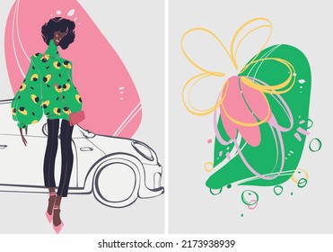 Fashionable girl on the city street. Set of stylish posters with a girl and an abstract background. Colorful street fashion illustration. Street fashion girl. Fashion illustration.