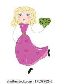 Fashionable girl in a pink dress with hearts and a green handbag. Vector illustration