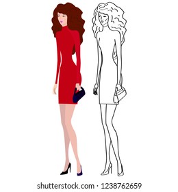 fashionable girl in red  dress doodle