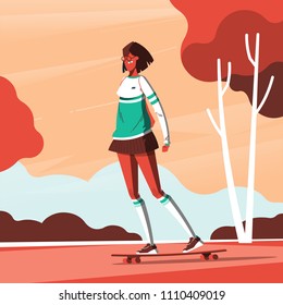 fashionable girl riding on hare skateboard, vector illustration