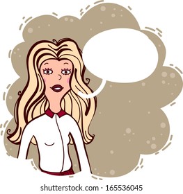 Fashionable girl says something.