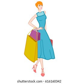 Fashionable girl with shopping bags. Vector illustration.