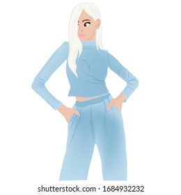 Fashionable girl is standing in a blue suit. Vector art