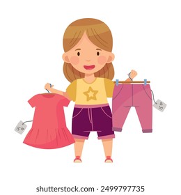 Fashionable Girl Standing Choosing Trendy Garment in Shopping Mall Vector Illustration