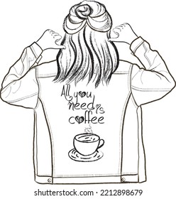 Una chica de moda se paró con la espalda y el pelo largo, con la chaqueta de Jean. Ilustración vectorial en blanco y negro a mano. Todo lo que necesitas es un texto seco hecho a mano con café.