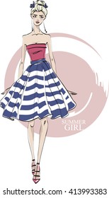 Fashionable girl in striped skirt. Vector.