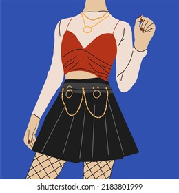 Fashionable girl in stylish clothes. Burgundy top, white turtleneck, black gafre skirt with chains and fishnet tights. Vector illustration in a flat style. Avatar icon.