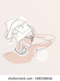 Fashionable girl in a towel and glasses holding her head. continuous single non-painted one-line intertwined woman drawn by hand picture silhouette. Line art. hands woven vector illustration. Simple