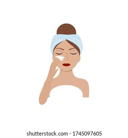 A fashionable girl with a towel on her head puts cosmetic cream on her face. Vector flat cartoon illustration. Logo design element for cosmetology, Spa, beauty salon
