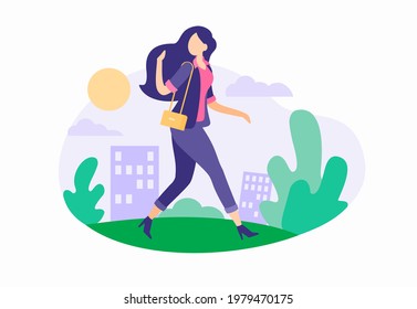 Chica de moda caminando por la calle. Hermosa mujer con pelo lujoso y traje de diseño camina por un callejón verde para trabajar. Todos los días sanos al aire libre en un clima soleado. Ilustración plana del vector