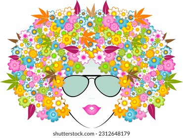 Fashionable girl wearing a pair of sunglasses with a hairdo of pretty colorful flowers.