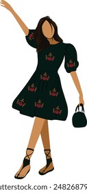 Fashionable girl wearing summer dress and raised hand and holding purse full length faceless vector illustration