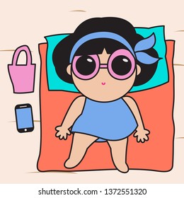 Fashionable Girl Wearing Sunglasses Laying And Having Sunbath Tan On Beach Concept Card Character illustration