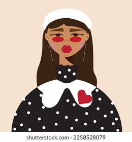 fashionable girl in a white beret, blouse with polka dots, red lipstick, postcard for Valentine's Day,