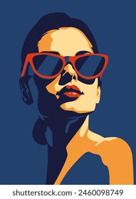 Fashionable girl. Young beautiful fashion woman with sunglasses Abstract female portrait, contemporary design, vector illustration drawing in five colors